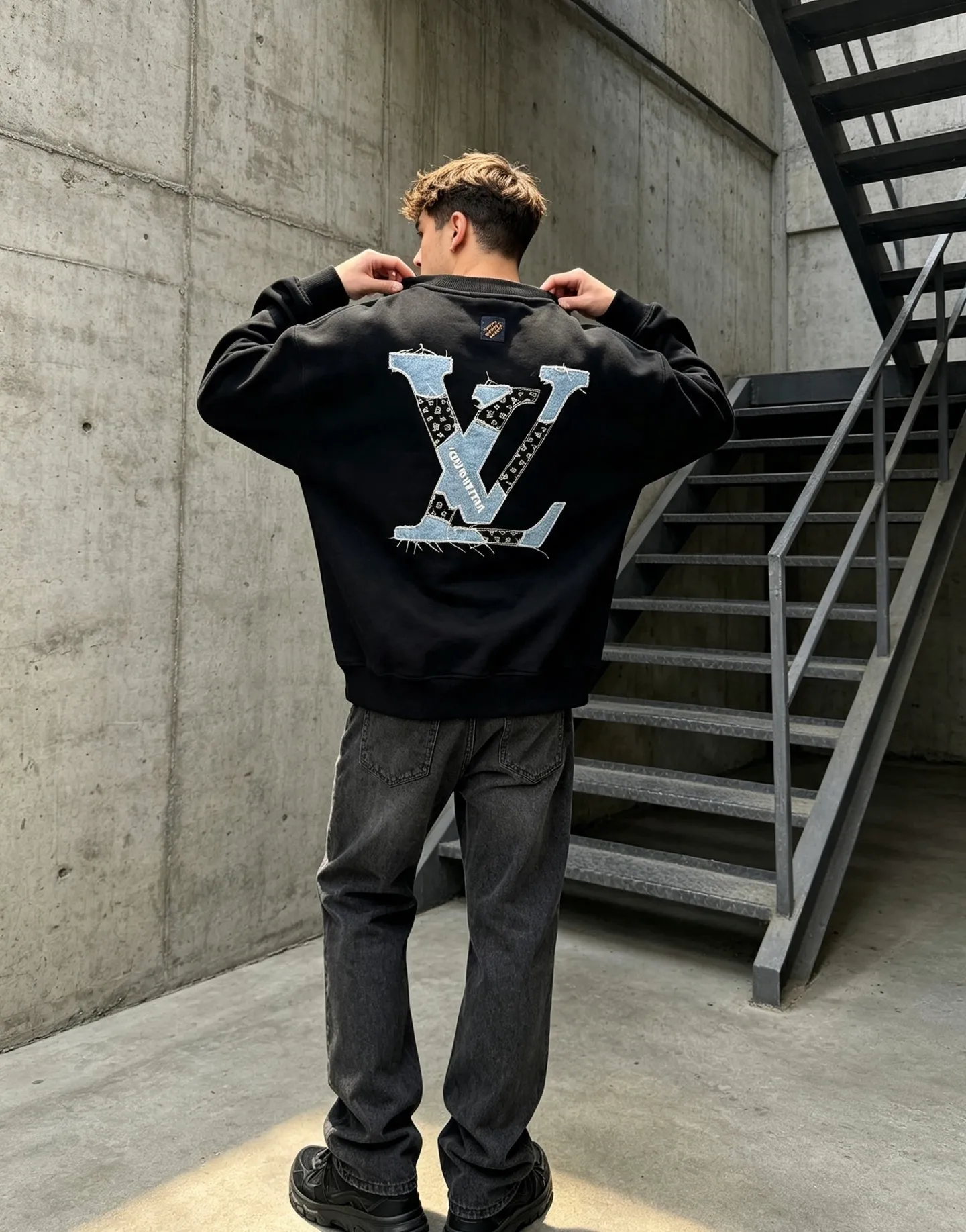 Louis Vuitton/Louis Vuitton denim patch letter embroidered crew neck sweatshirt